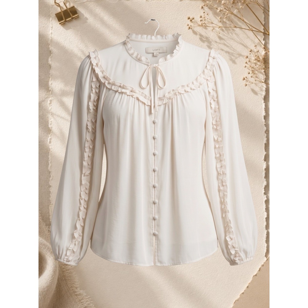 LOFT Ruffle Trim Tie Neck Button Front Long Sleeve Blouse Ivory Large